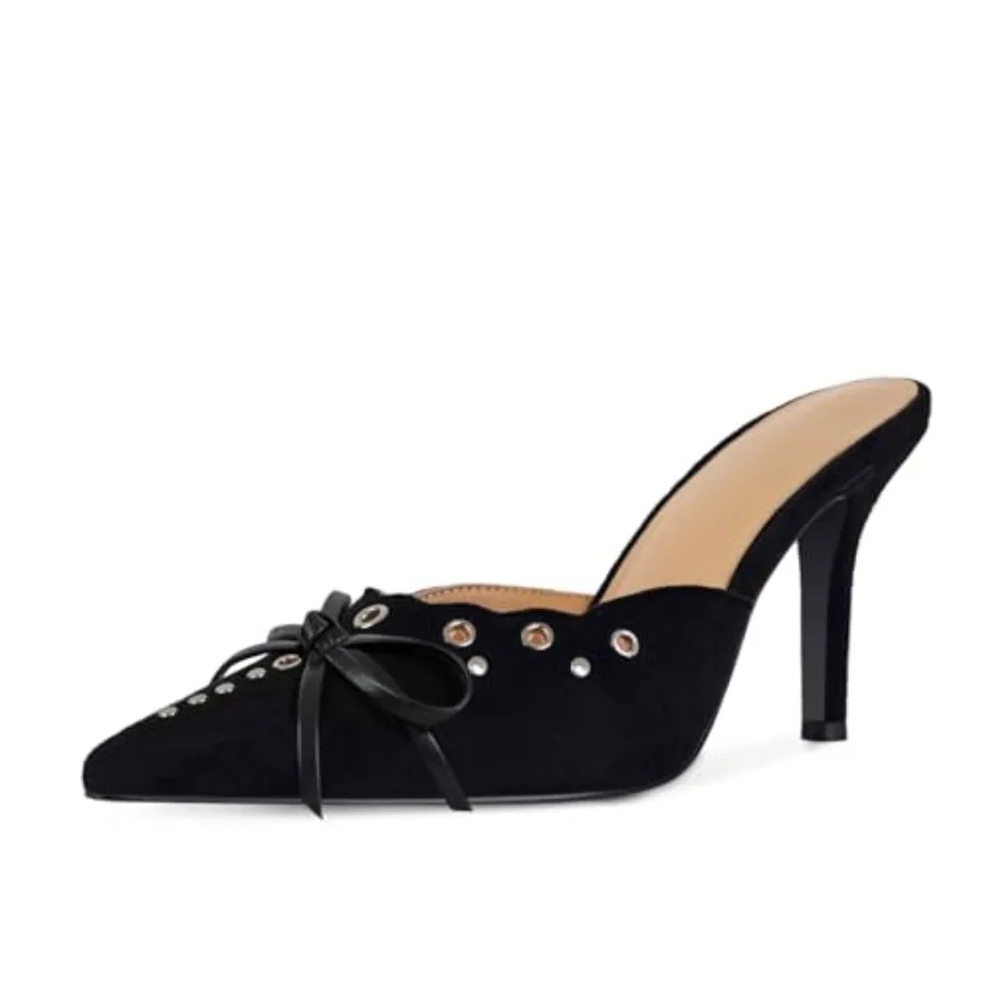 

DOEYG Women Pointed Toe Bow Heels Mules Slip on Stiletto Heels Sandals Dress Party Wedding Studded Heels Pumps