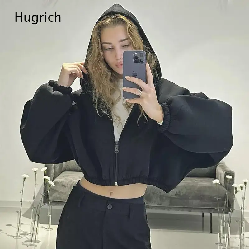 Women's Casual Zip-Up Cropped Hoodie with Balloon Sleeves and Elastic Hem, Solid Color Long Sleeve Streetwear Sweatshirt Jacket