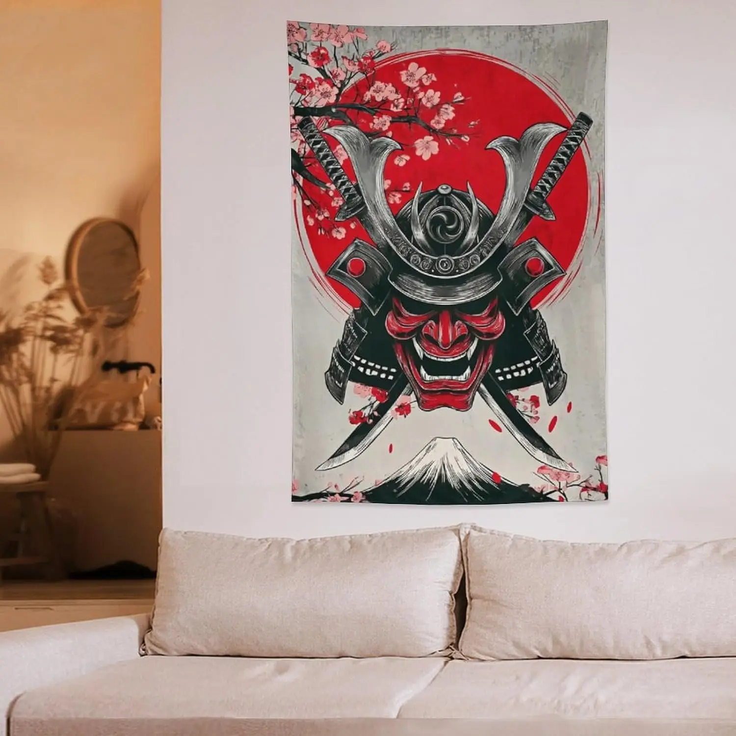 Japanese Samurai Mask Tapestry, Red Sun, Cherry Blossoms & Mt.Fuji, Traditional Wall Hanging for Bedroom & Living Room