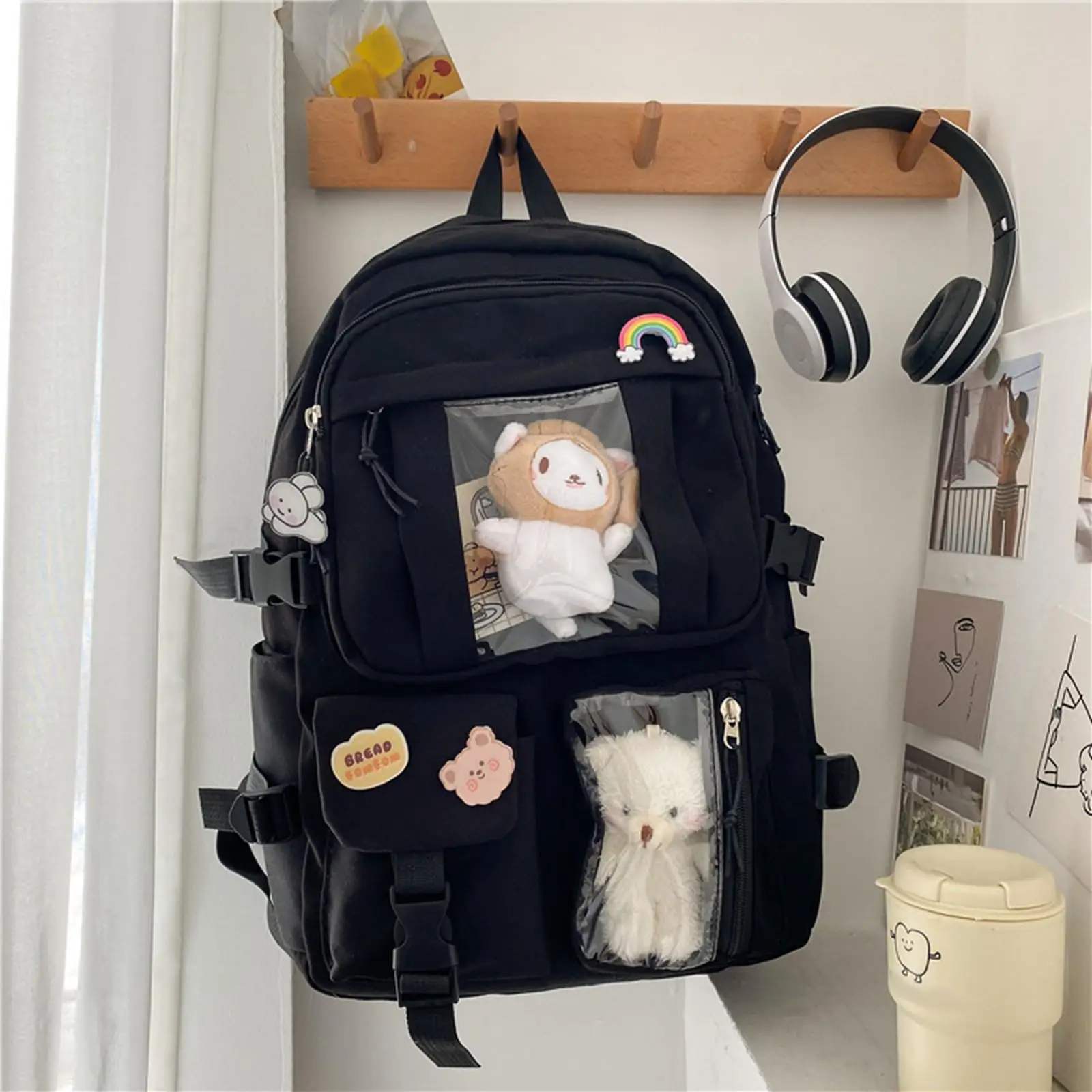 Mochila con correas ajustables para adolescentes, bolso escolar Kawaii con múltiples bolsillos, Harajuku