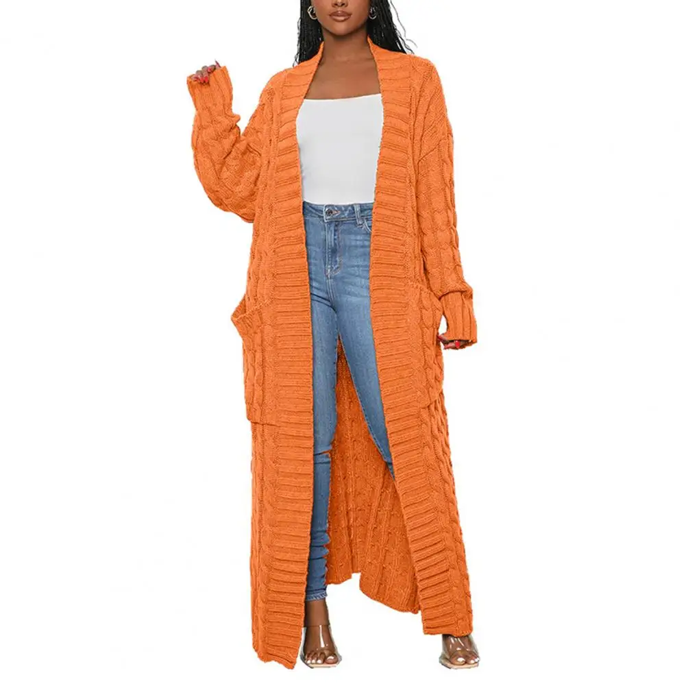 

Twist Cuffs Women Cardigan Long Sleeve Pockets Open Stitch Sweater Coat Autumn Winter Ankle Length Knitted Cardigan Coat