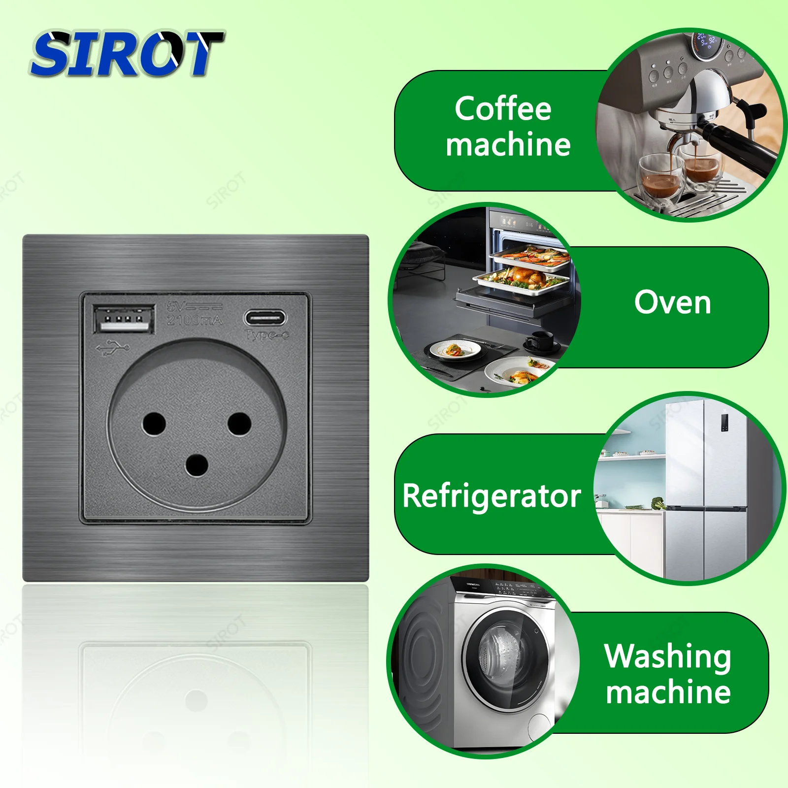 SIROT Israel Standard with USB Type C Charging Socket,Grey Stainless Steel Panel 16A Israel Wall Socket Light Switch Combination