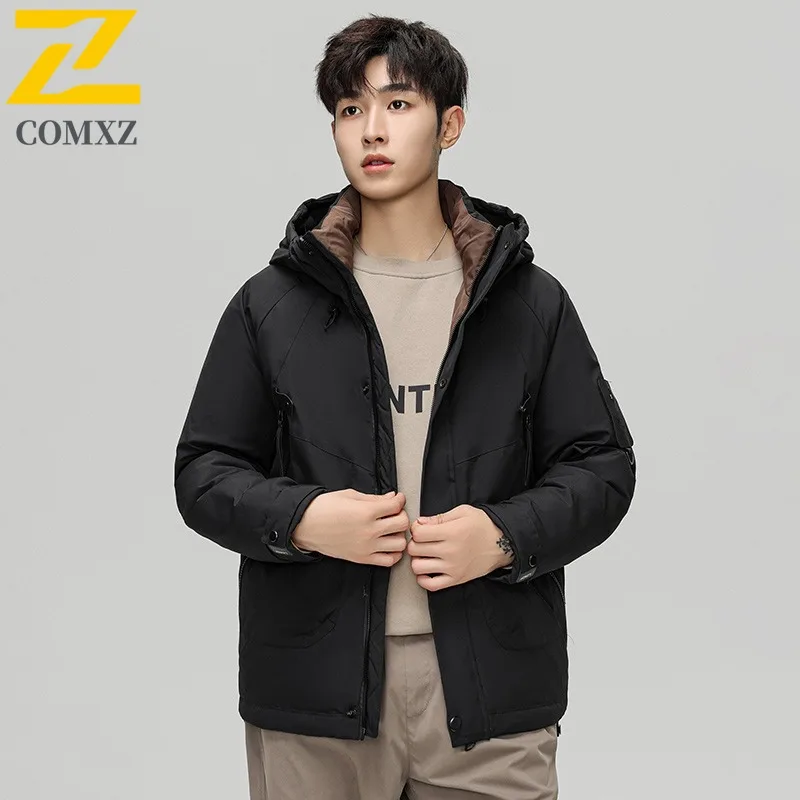 COMXZ Men's Winter Padding Solid Color Hooded Warm Outdoor Adventure Skiing Parker Coat Hiking Hooded Comfortable Puffer Jacket