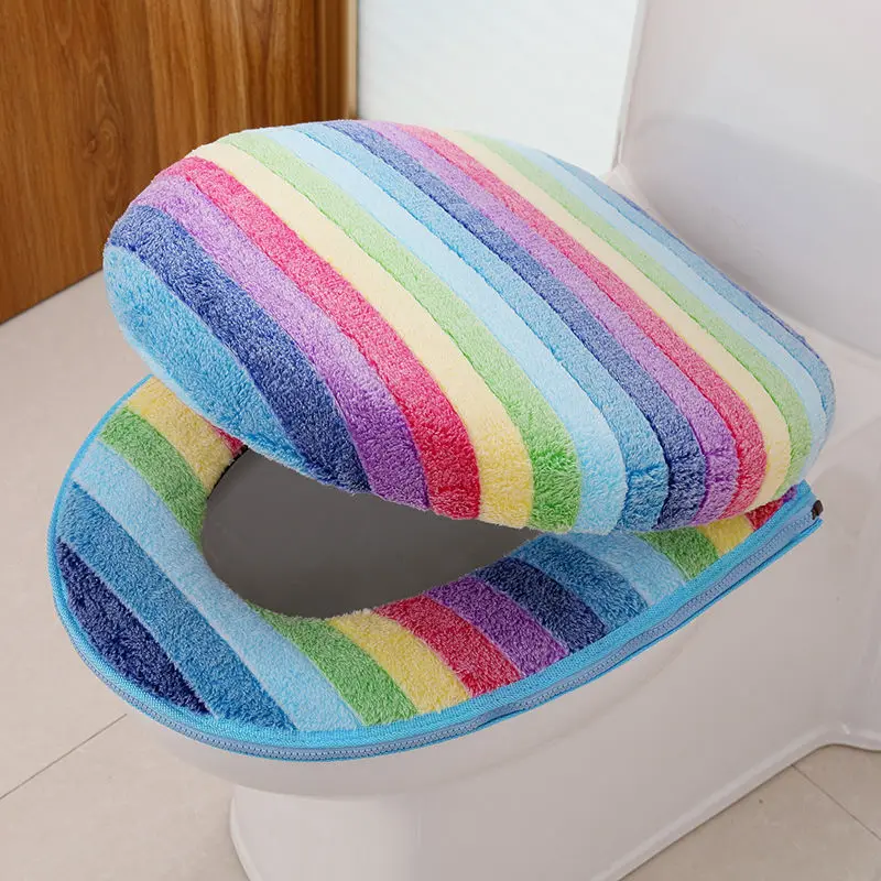 New Two Pieces Toilet Seat Cover Warm Soft Skin-friendly Cartoon  Cushion Reusable Zipper O-shape Closestool Mats Bathroom