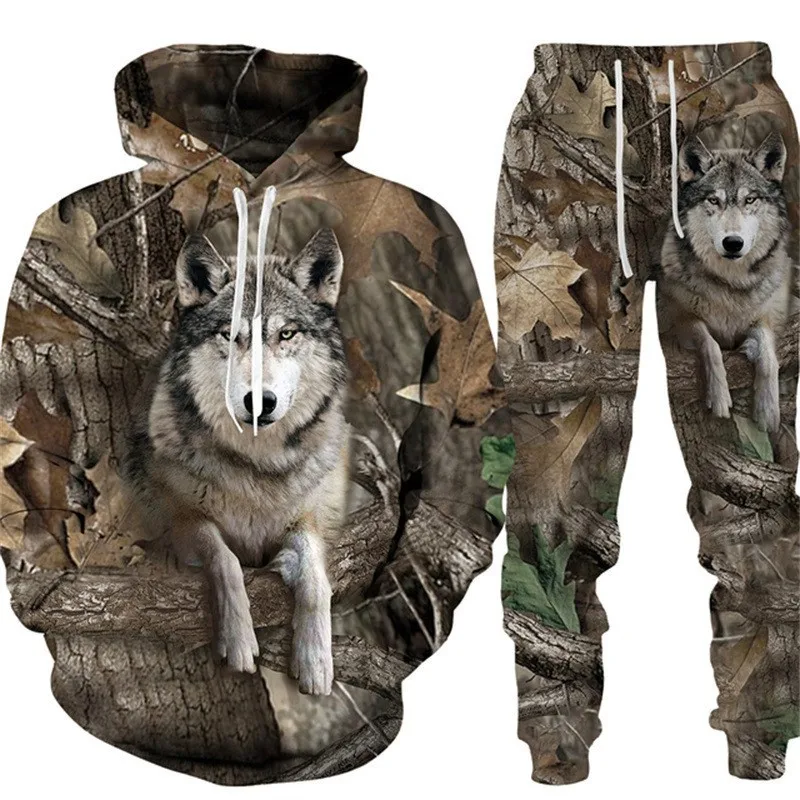 Men's Camouflage Hunting Animal Tracksuit Outfits 3D Wolf Print Hoodies 2-Piece Autumn/Winter Outdoor Sweatshirts Sweatpants Set