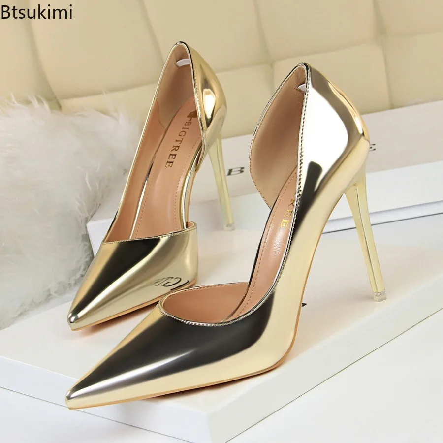 Women 10.5cm High Heels Pumps Lady Stripper Stiletto Metallic Leather Scarpins Wedding Heels Catwalk Party Silver Gold Shoes