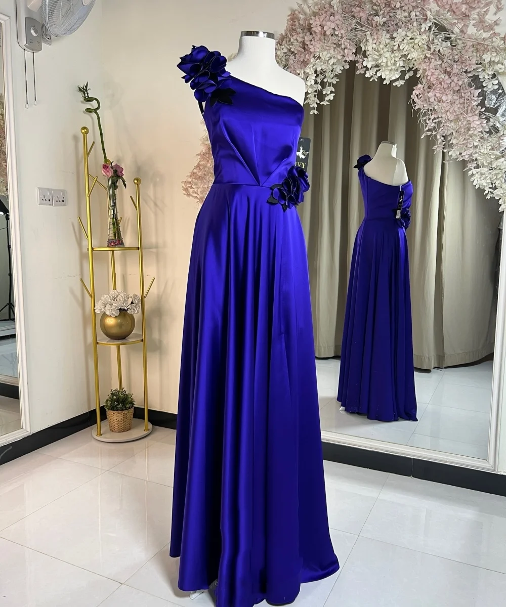 Customized Chinese Style Satin Pleat Flower A-line One-shoulder Long Dresses Celebrity Dresses Retro Fashion Elegant Exquisite S