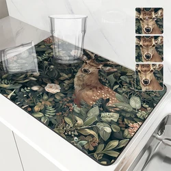 Diatom Mud Kitchen Drain Pads Deer Fox Absorbent Bowls Dish Tableware Draining Mat Placemats for Table Coffee Machine Mat