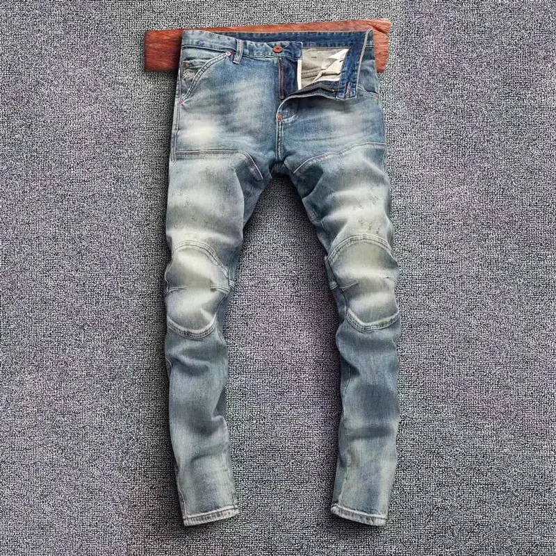 

Streetwear Fashion Men Jeans Retro Washed Blue Stretch Slim Fit Biker Jeans Men Spliced Designer Hip Hop Denim Pants Hombre