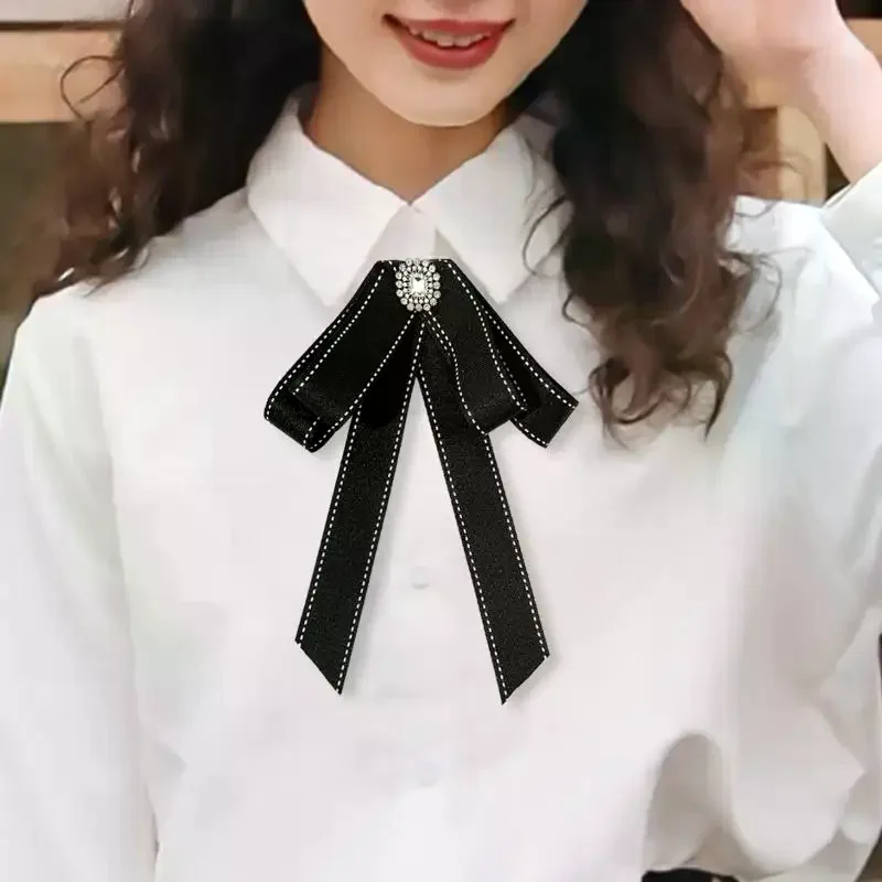 Black Ribbon Fabric Bow Brooch Tie Blouse Sweater Neckline Accessories Decoration