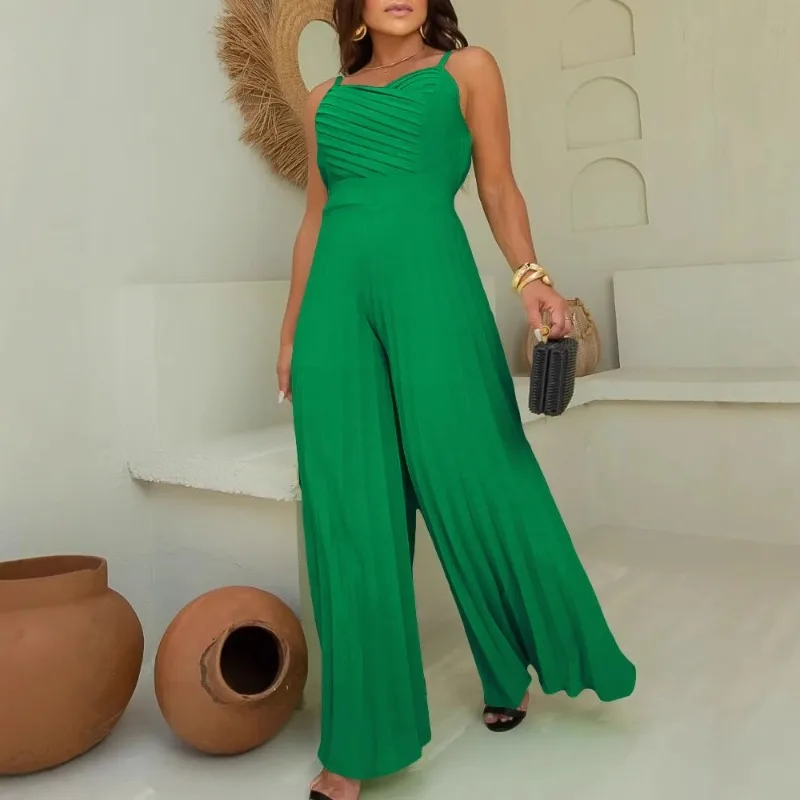 

Sexy Women Folds Wide Leg Jumpsuit Elegant Chic Strap V Neck Halter Corset Romper Pleated One Pieces INS Outfits Streetwear