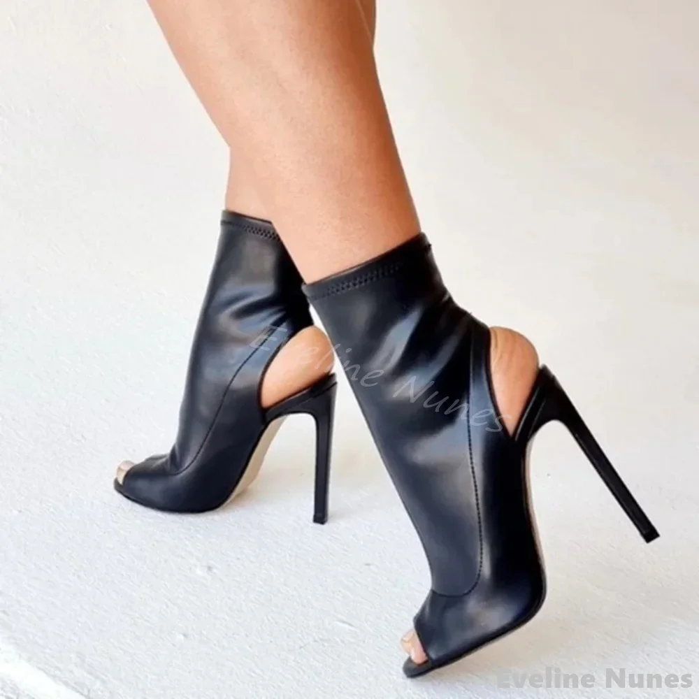 

Fashion Catwalk Open Toe Ankle Boots Women Black Leather Stiletto Heel Slip On Hollow Boots 2025 Spring Autumn New Sandals Boots
