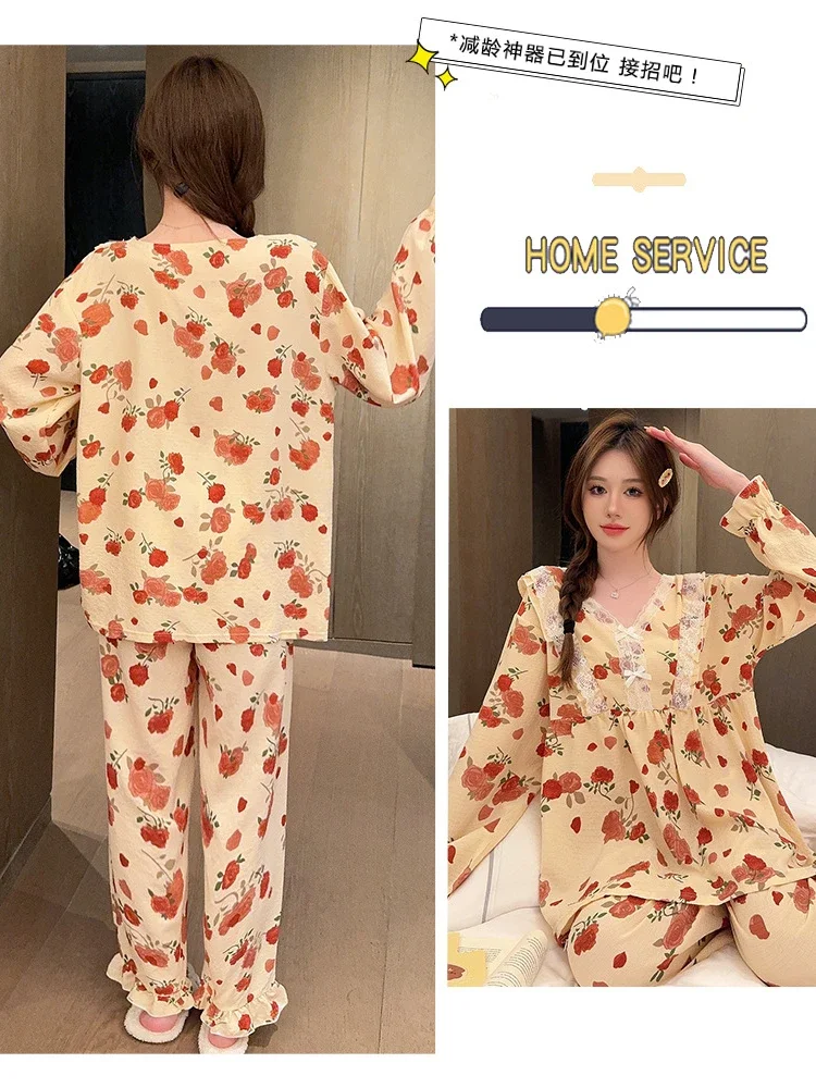 150kg Plus Size Women Sleepwear with Chest Pad Spring Sweet Long Sleeve Pajamas Sets Young Lady Casual Homewear Loose Outerwear