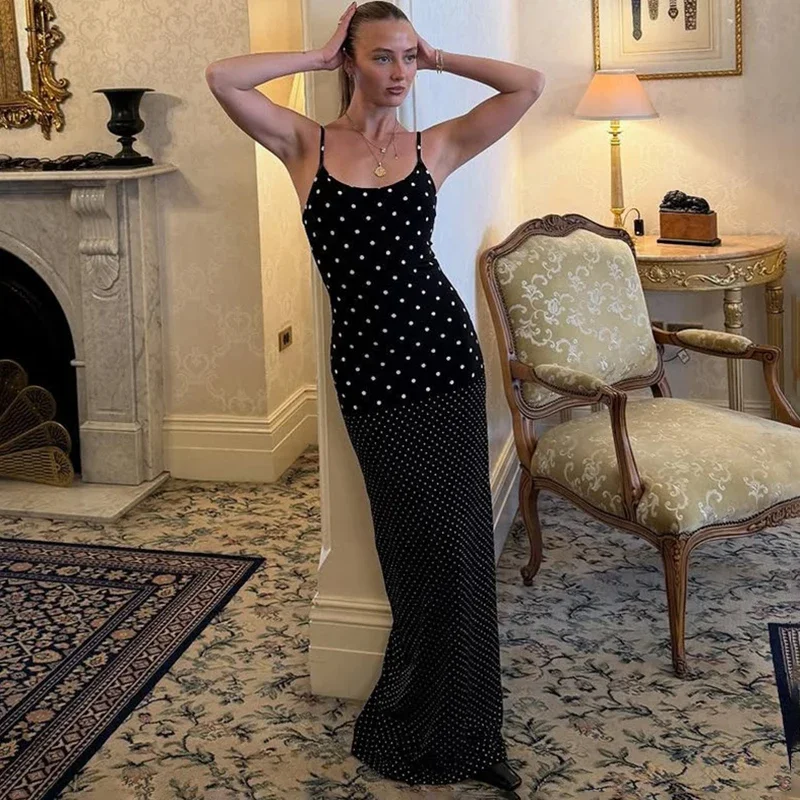 

Модное длинное платье в горошек, тонкое платье без рукавов на бретельках, женская осенняя праздничная одежда с высокой талией