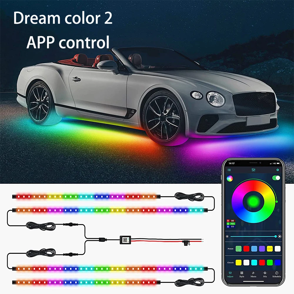 4in1 Neon LED Auto Underglow Boden Licht RGB Flexible Wasserdichte LED Streifen Unterboden Licht APP Fernbedienung Dekorative Lampe