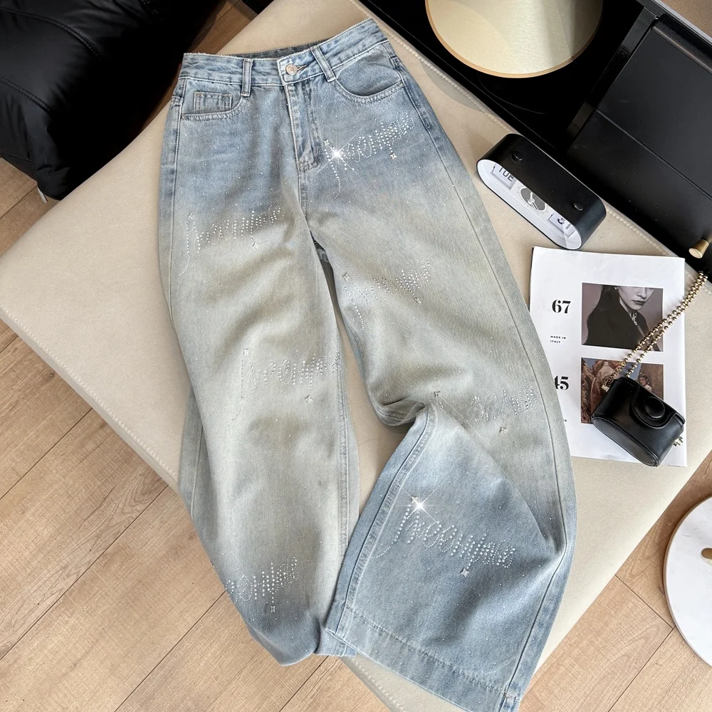 

Джинсы женские с эффектом потертости, градиентным переходом цвета, декорированные стразами и надписями, с высокой талией, прямого кроя, узкие, широкие штанины