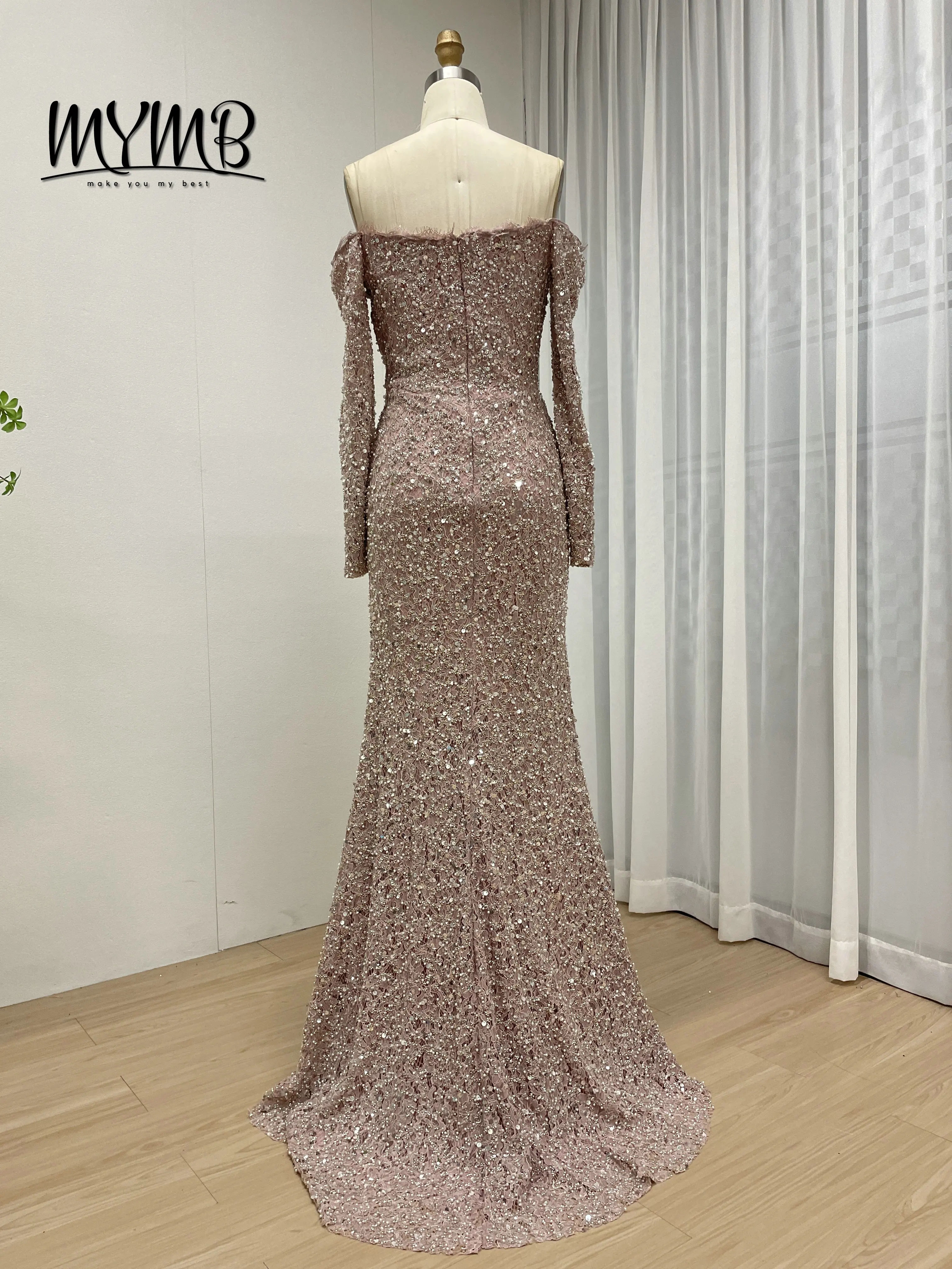 Mymb rosa vestidos femininos senhora elegante para chá alto mangas compridas sereia vestido de casamento formal luxo cristal frisado vestido my30170