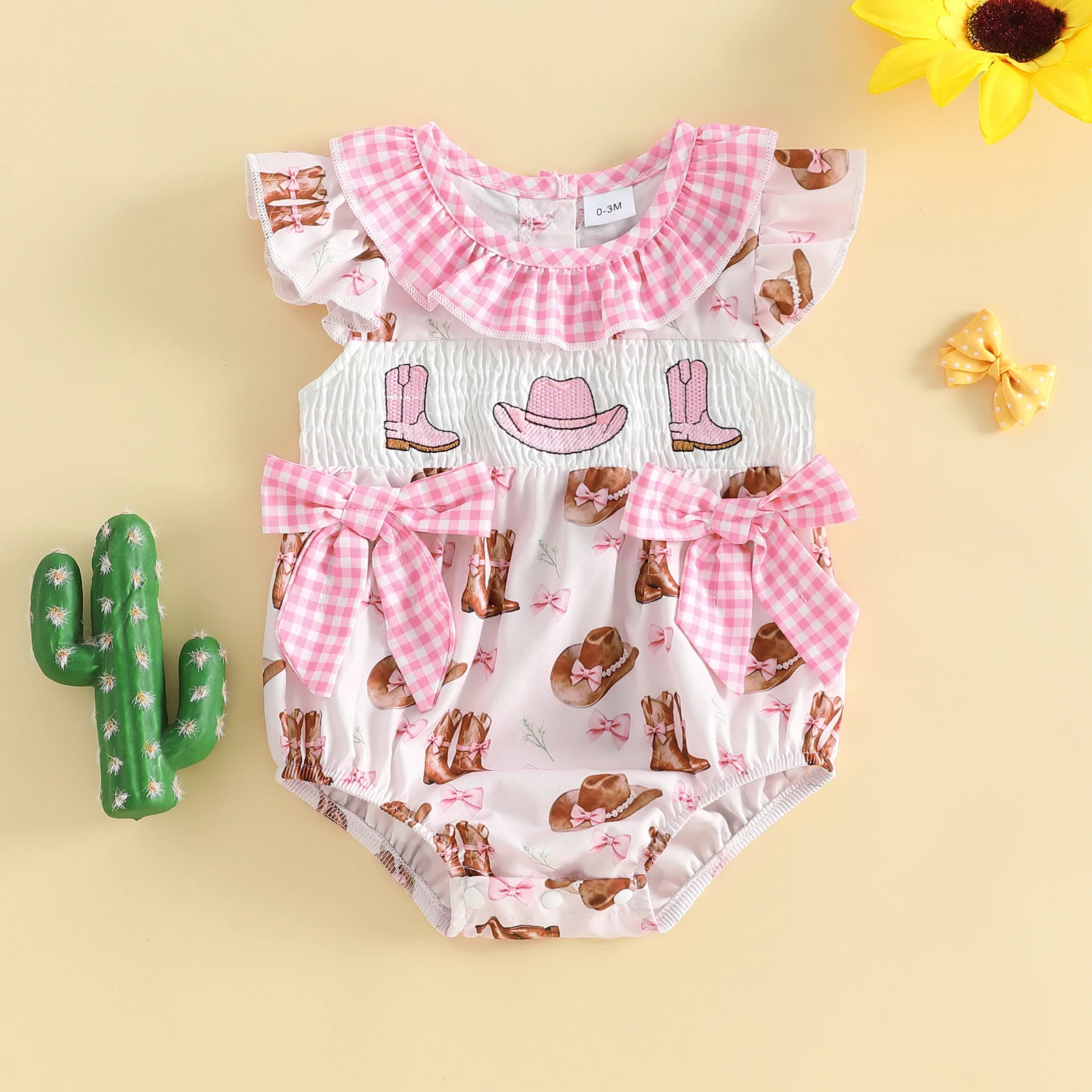 Baby Girl Western Romper with Bows Printed Flying Sleeve Smocked Bubble Bodysuit Cute Summer Girls Clothes