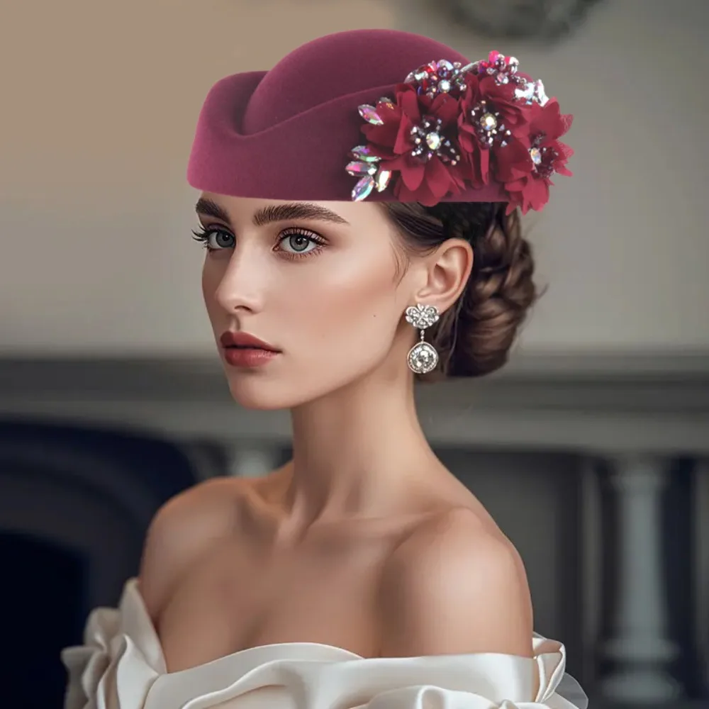 Fashion With Flower Felt Turban Hat Casual Vintage Church Derby Fascinator Hat Soft Tea Party Cap for Women