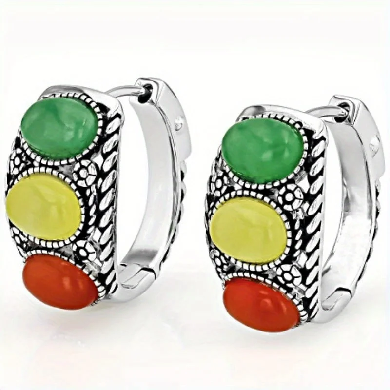 Ethnic Silver Color Copper Hoops Women's Earrings Oval Inlaid with Green Yellow Red Stones Earrings Woman Vintage Jewelry