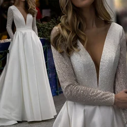 Vestido de noiva sem encosto com decote em v profundo, vestido de noiva plissado, simples e fino pedaço brilhante, cetim luxuoso, alta costura