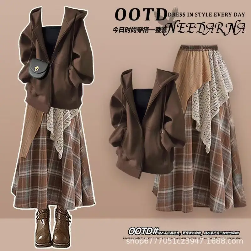 Autumn and Winter Set for Women 2025 New Mirad Style Hooded Top Stylish and Skinny Half Body Skirt Two Piece Set