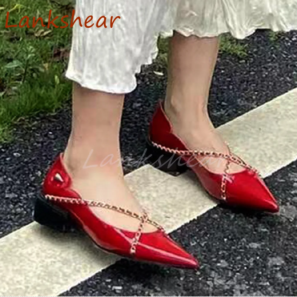 

Pointed Toe Cross Tied Women Shoes Flat Sole Solid Shallow Metal Chain Sexy Casual Slip On Sexy Marry Jane 2024 New Arrivals