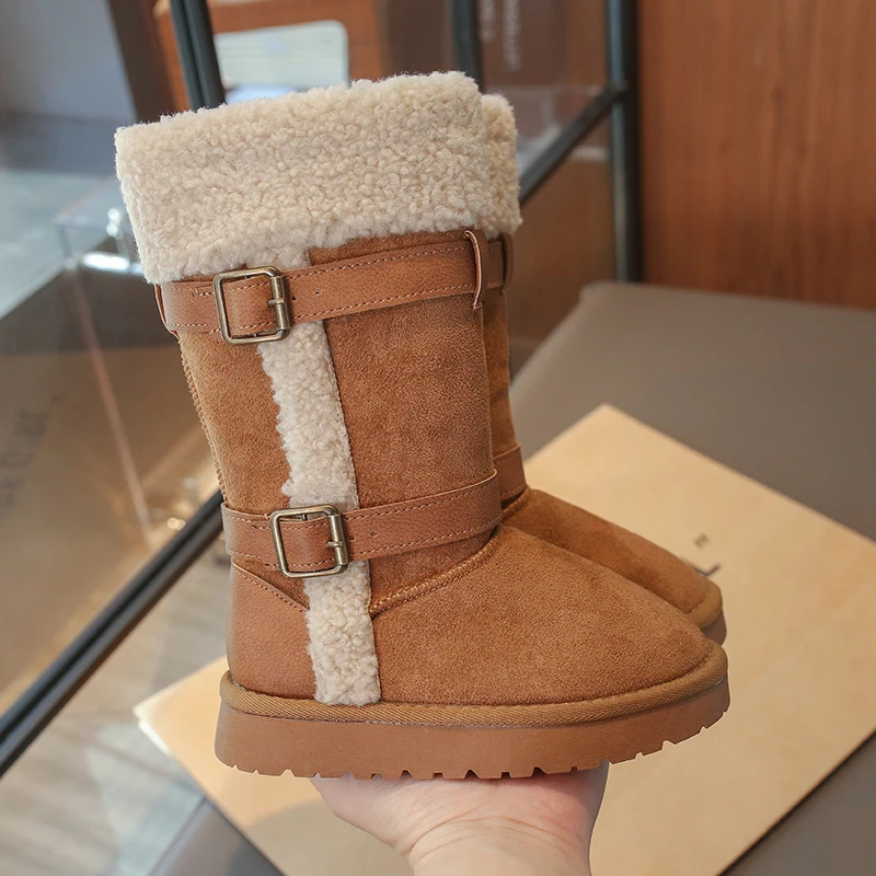 Kids Girls High Calf Winter Snow Boots Faux Suede Double Metal Buckle Fluffy Plush Warm Shoes Side Zipper Girls Ankle Boots