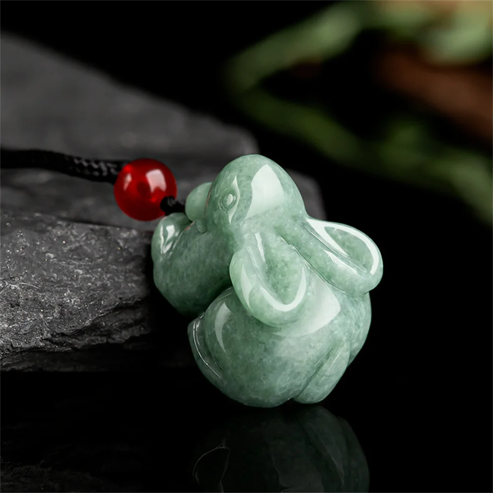 Natural Ice Green Jadeite Hand Carved Cute Vivid Rabbit Lucky Pendant Amulet Necklace Certificate Trendy Woman's Gift Jewelry