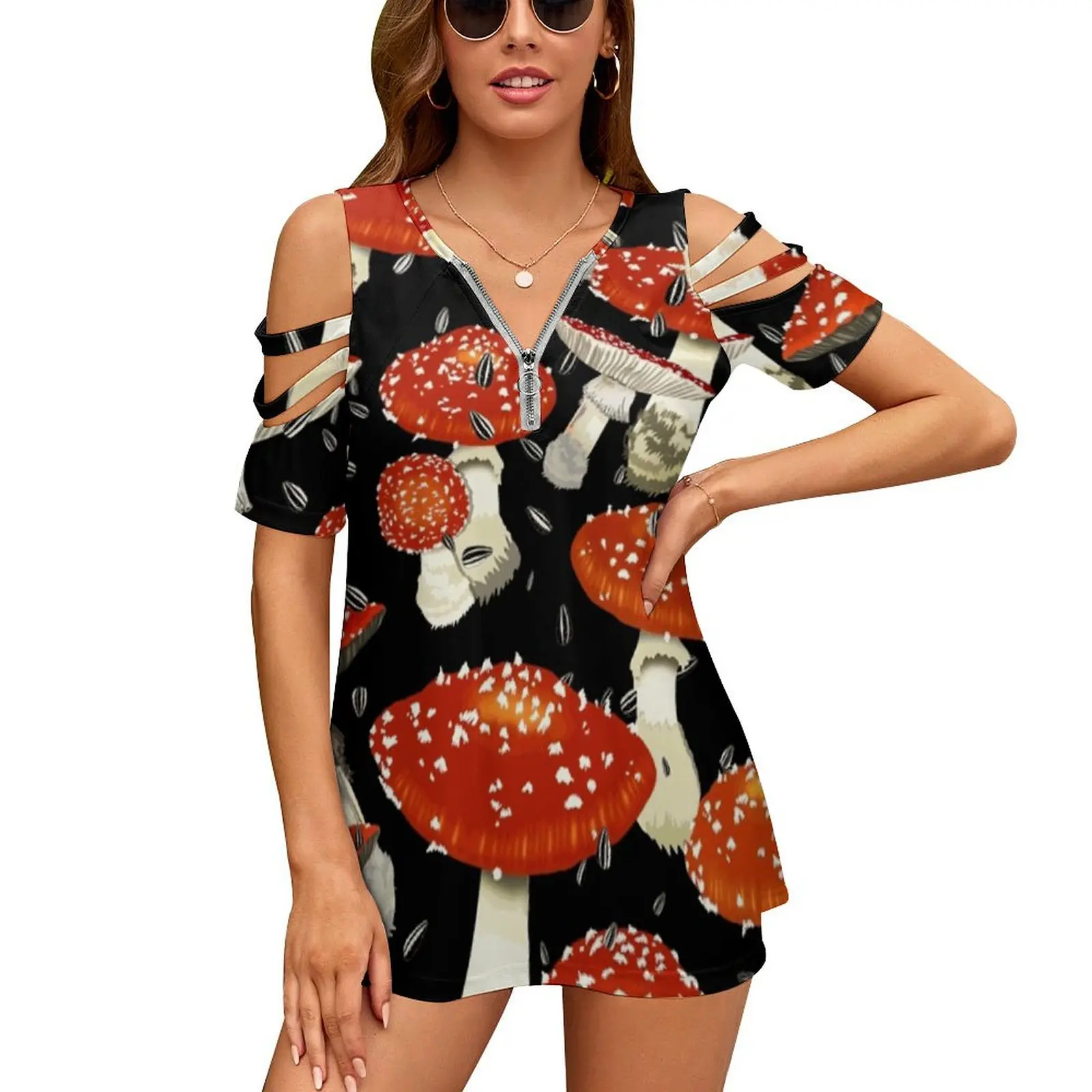 Amanita mujeres cremallera Sexy impreso Vintage camisetas Tops estampado completo camiseta Amanita Champignon rojo Venemous naturaleza magia