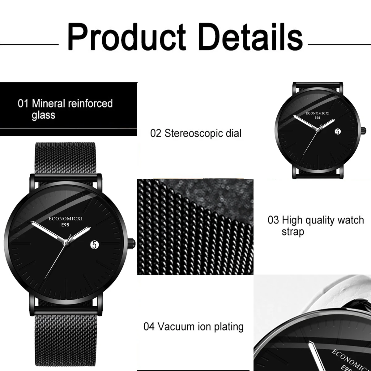 1Pcs Men\'s Fashion Trend Ultra-Thin Simple Scale Silver Needle Black Mesh Quartz Watch Men\'s Business Watch