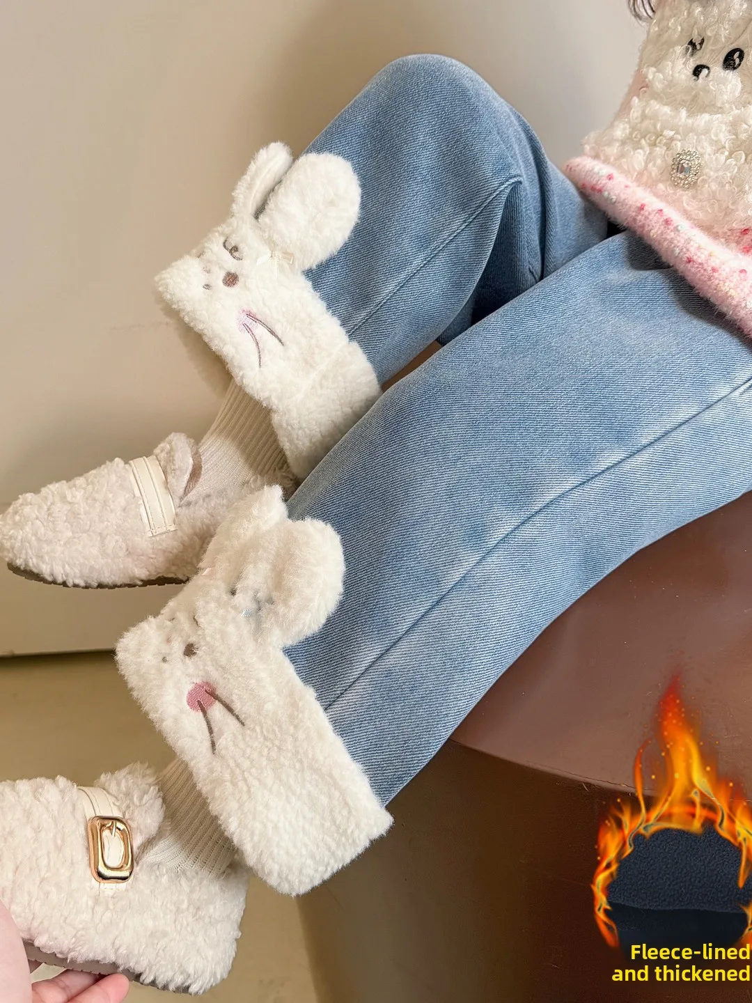 

Утепленные флисовые зимние джинсы для девочек с высокой талией, прямые, с отделкой из кроличьего меха, теплые, модные детские брюки