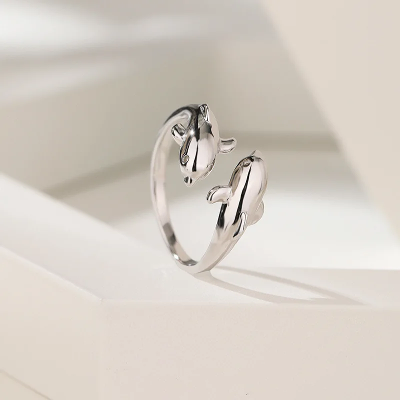 Double Dolphin Silver Color Charm Woman Ring High Quality Brand Fashion Jewelry