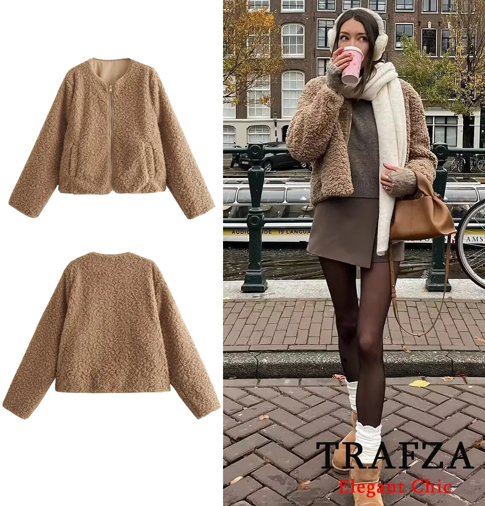 TRAFZA Casual Women Winter Fleece Jacket Coat O-Neck Zipper Jacket Coat New 2024 Fall Winter Fashion Street Outfit Jacket