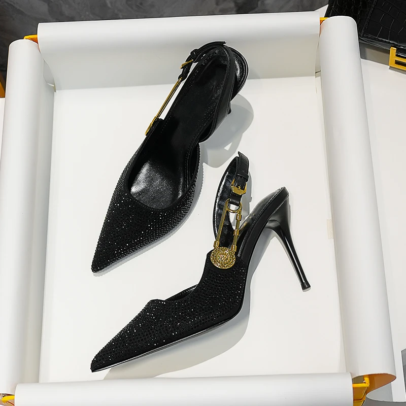 New Spring and Summer Women\'s High Heels with Closed Toe and Golden Round Buckle High Heel Sandals with Rhinestones and Pointed