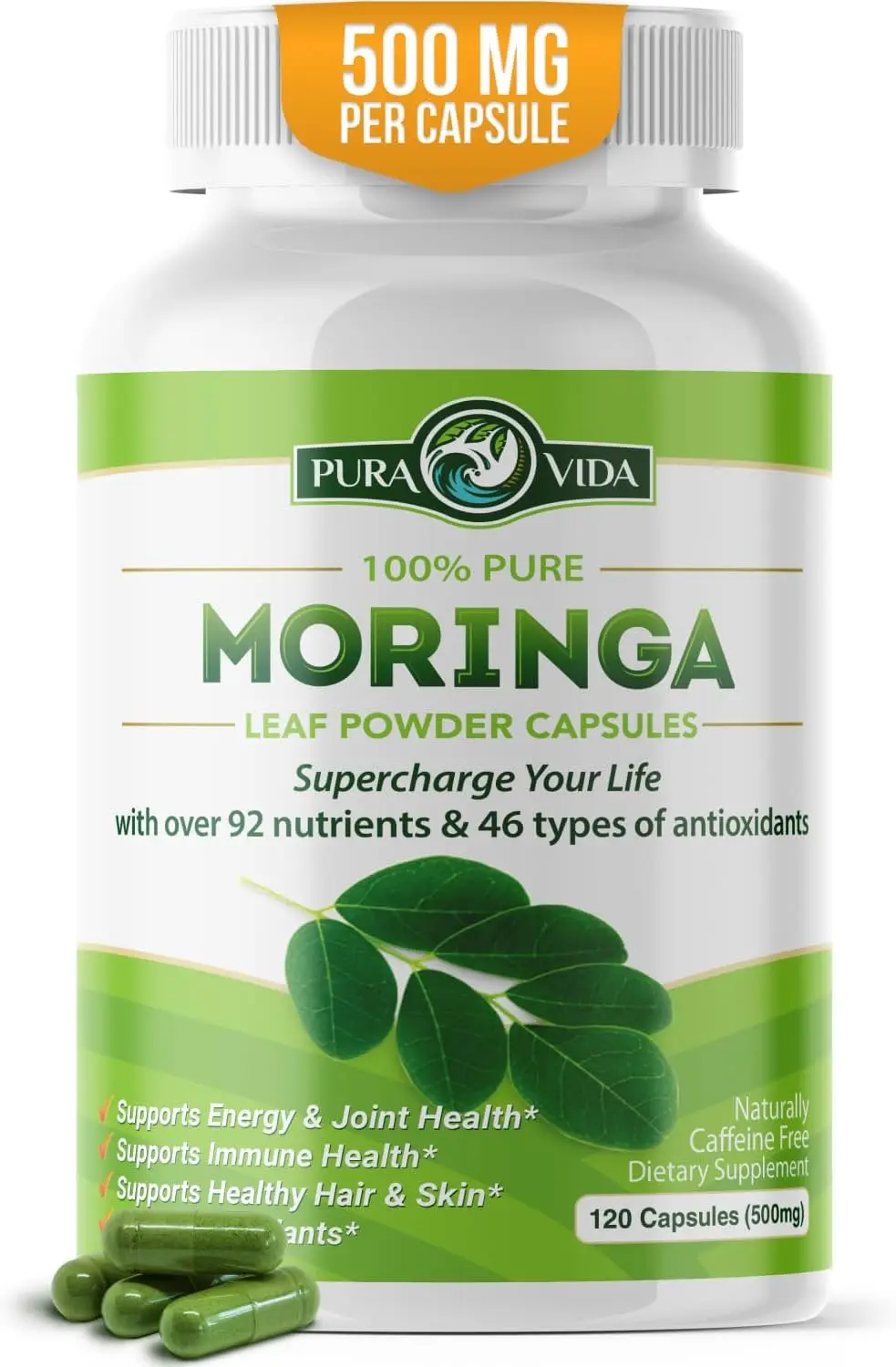 Moringa Capsules 500mg - Anti-oxidation, Brighten Skin Tone, Keep Skin Moisturized, Cell Repair, Promote Overall Health