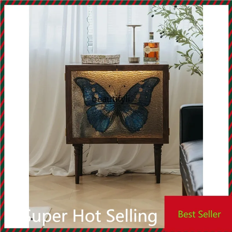 

K132 Bright Muse Side Cabinet Butterfly Wine Cabinet Black Walnut Retro Stained Glass French Living Room Cabinet