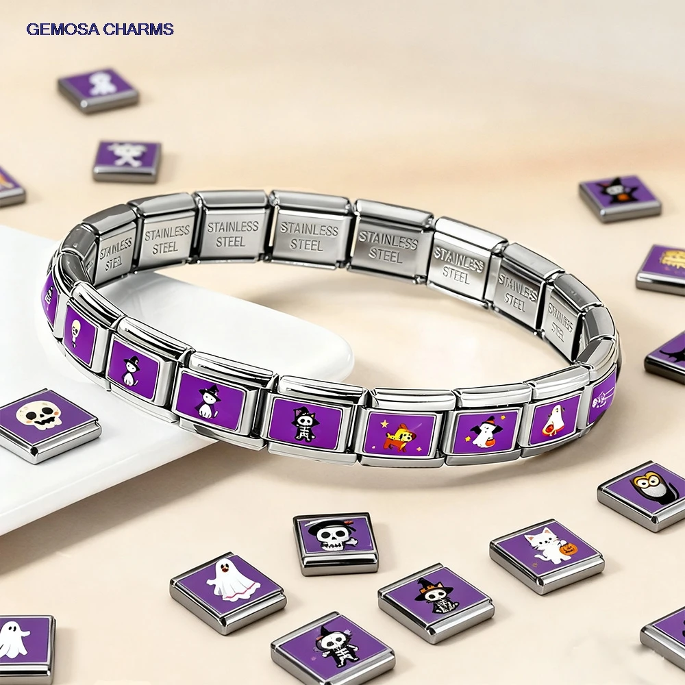 

GEMOSA Skull Pumpkin Dog Cat Ghost Original Halloween Design Italian Charm Link Fit 9mm Stainless Steel Bracelet DIY Jewelry