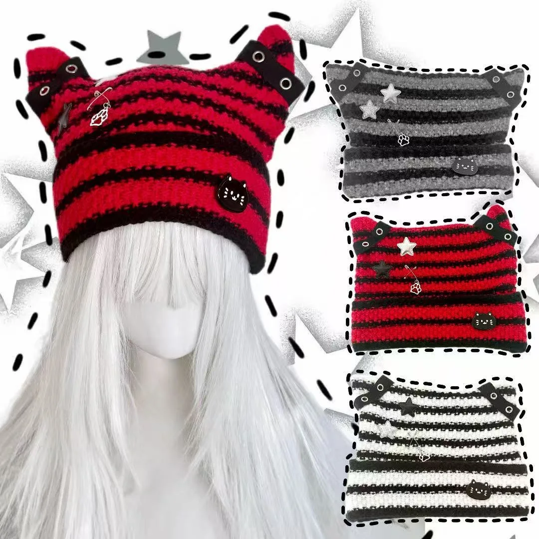 Y2K Girl Cat Star Stripes Beanies Hats Gothic Street Punk Knitted Bonnet Caps Sweet Cool Spice Girl Fashion Keep Warm Beanie Hat