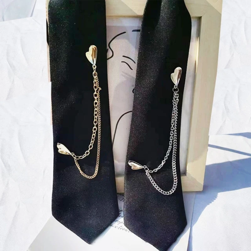 Japanese Punk Black Necktie Double Heart Chain Harajuku Vintage Pre Tied Tie A0KD