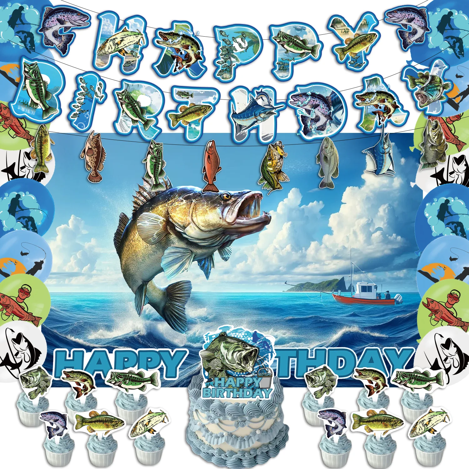 

Fishing party Decoration Happy Birthday Banner Balloon Cake Cupcake Topper Fish Backdrop Party Supplies For fishing enthusiast