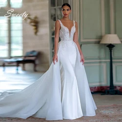 Detachable Train Wedding Dress Mermaid Taffeta With Beading V-Neck Sleeveless Ball Gown Backless Vestido De Novia Customized