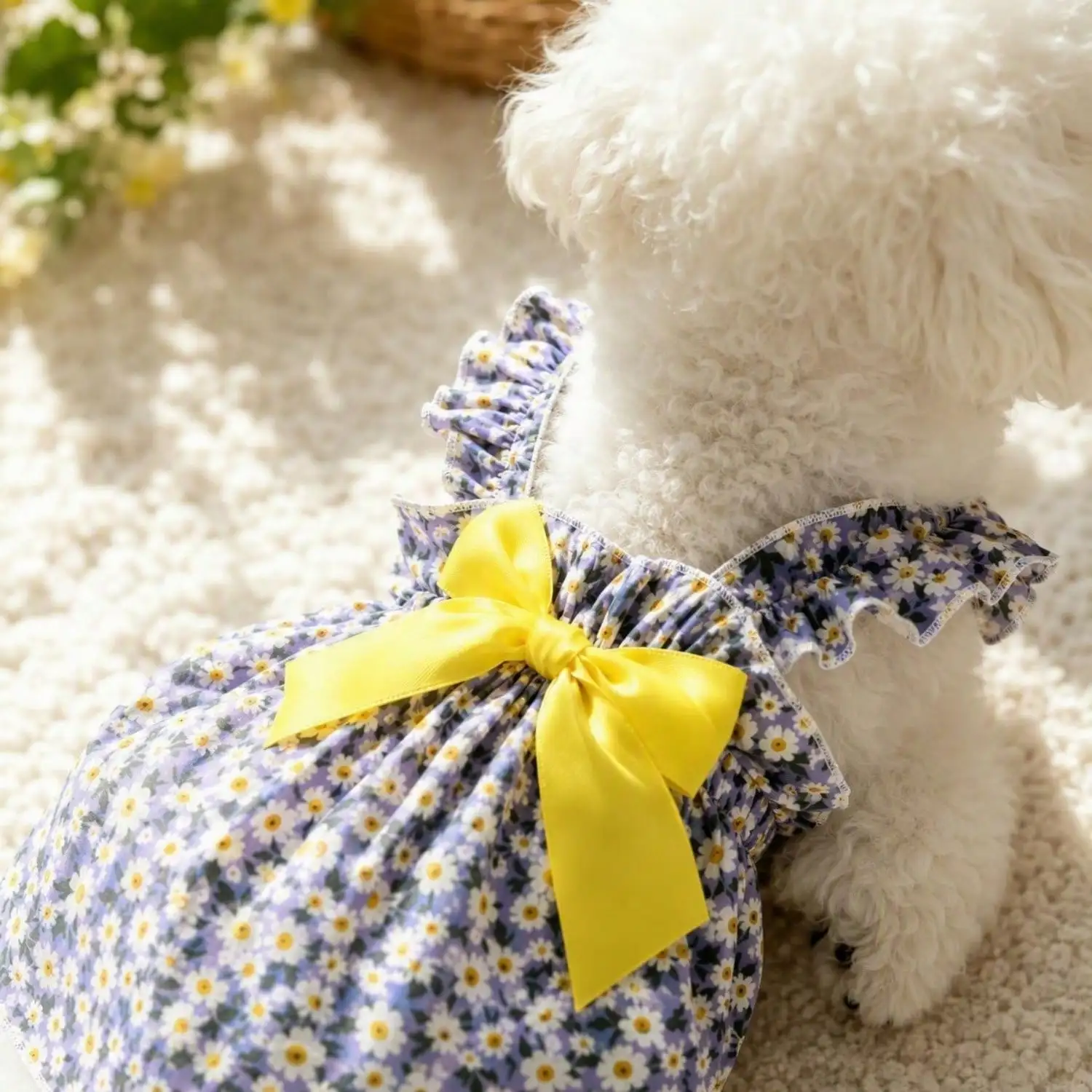 Sommerkleid für Haustiere, ärmellos, mit Blumenmuster, Rüschenriemen, großer Schleife als Dekoration für kleine Hunde, für den täglichen Gebrauch und Partys. – Detail 8