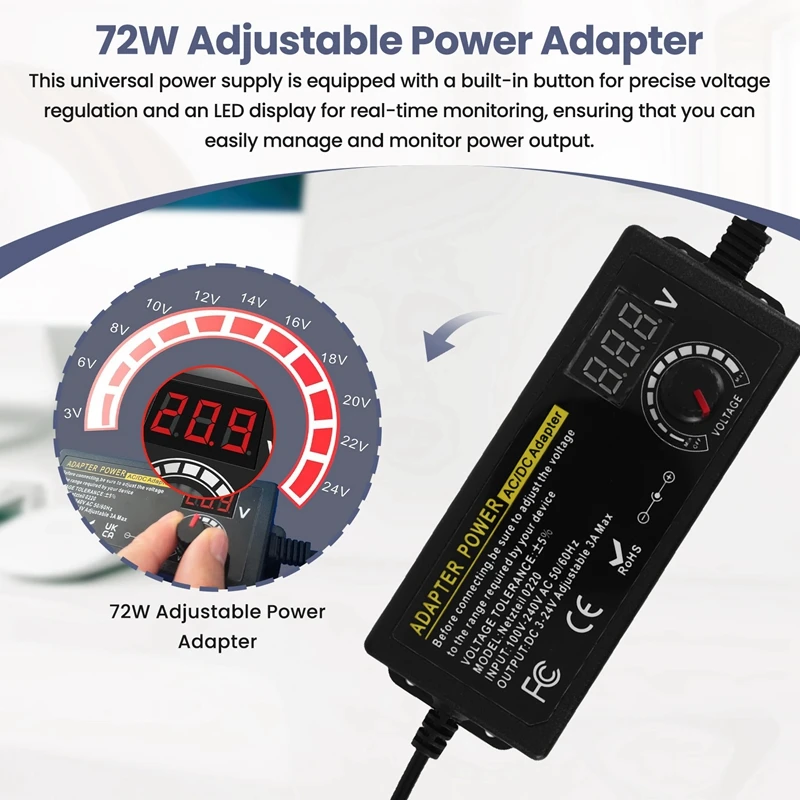 24V3A 72W Universal Power Supply, AC To DC 3V-24V Adapter Adjustable Power Adapter With LED Voltage Display Eu Plug