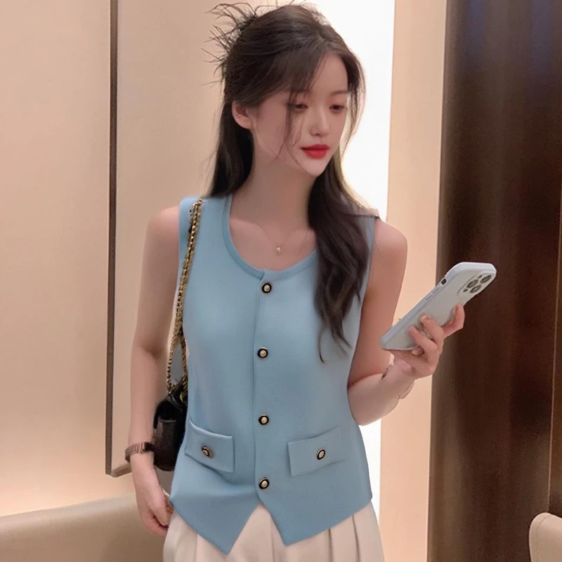 

Round Neck Sleeveless Single-breasted Elegant Women Summer Casual Cardigan Tops