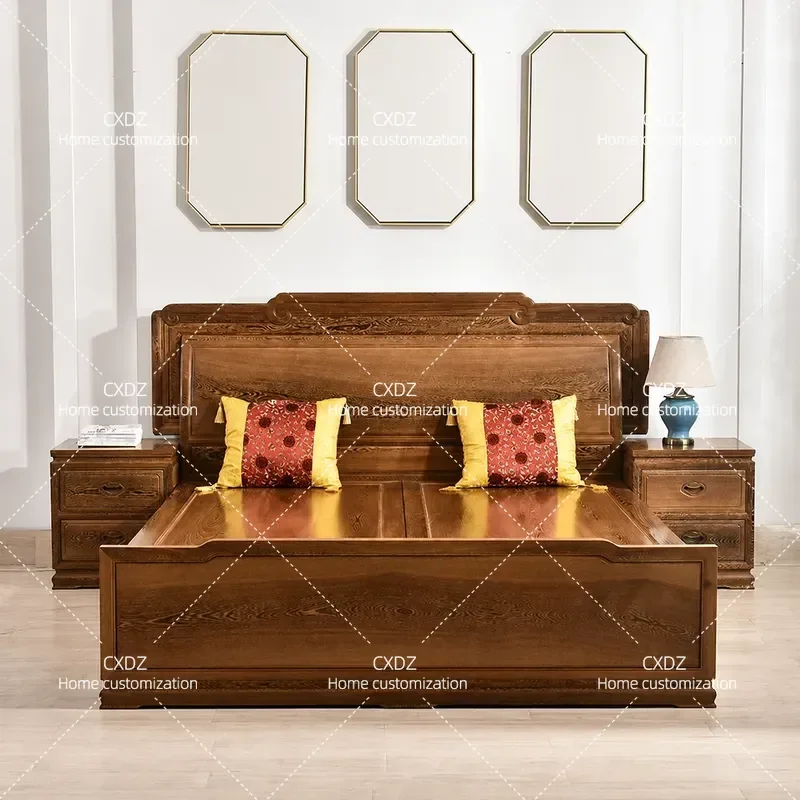New Chinese Style Solid Wood Double Bed with Storage Queen Size 1.8m Antique Bedroom Furniture Combination