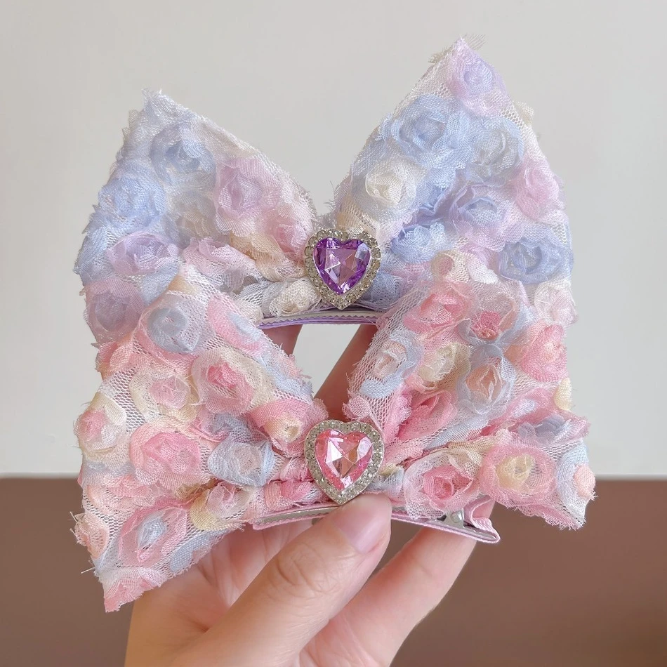 New Korean Kids Dream Gradual Change Rainbow Rose Flower Bow Hair Clips Children Hairpin Hairline Streamer Girls Headdress HP01