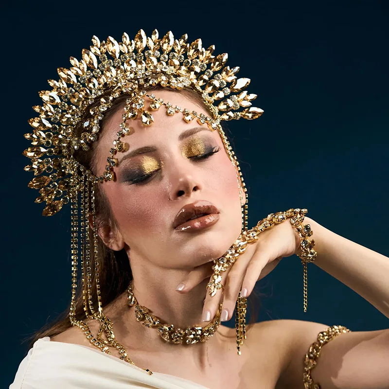 Rave Queen Exaggerated Crown Headpiece Beauty Contest for Women Fashion Tassel Rhinestone Forehead Headband Chain Party Jewelry