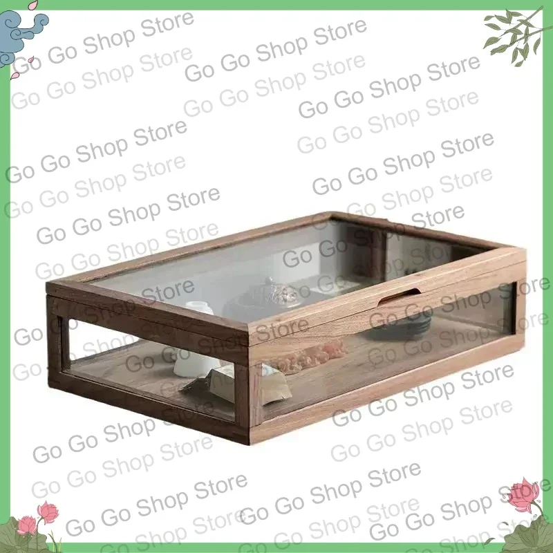 Black Walnut Tea Set Display Box, Dustproof Five-sided Transparent Glass Storage Desktop Display Cabinet