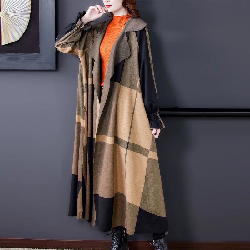 

2023 Autumn/Winter New Printed Long Sleeve Woolen Coat Coat for Women's Loose Large Slim Knee Length Windbreaker Robe